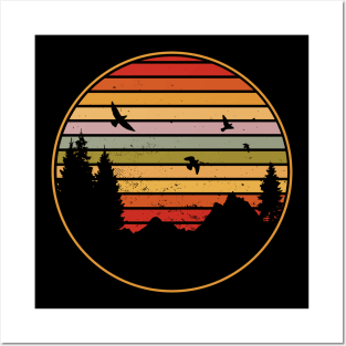 Retro Forest Sunset Circle Posters and Art